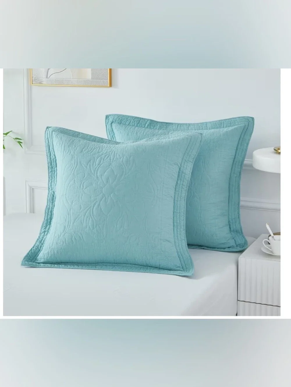 All Cotton Luxury Quilted Pillow Shams in Light Aqua 26 X 26 Set Of 2